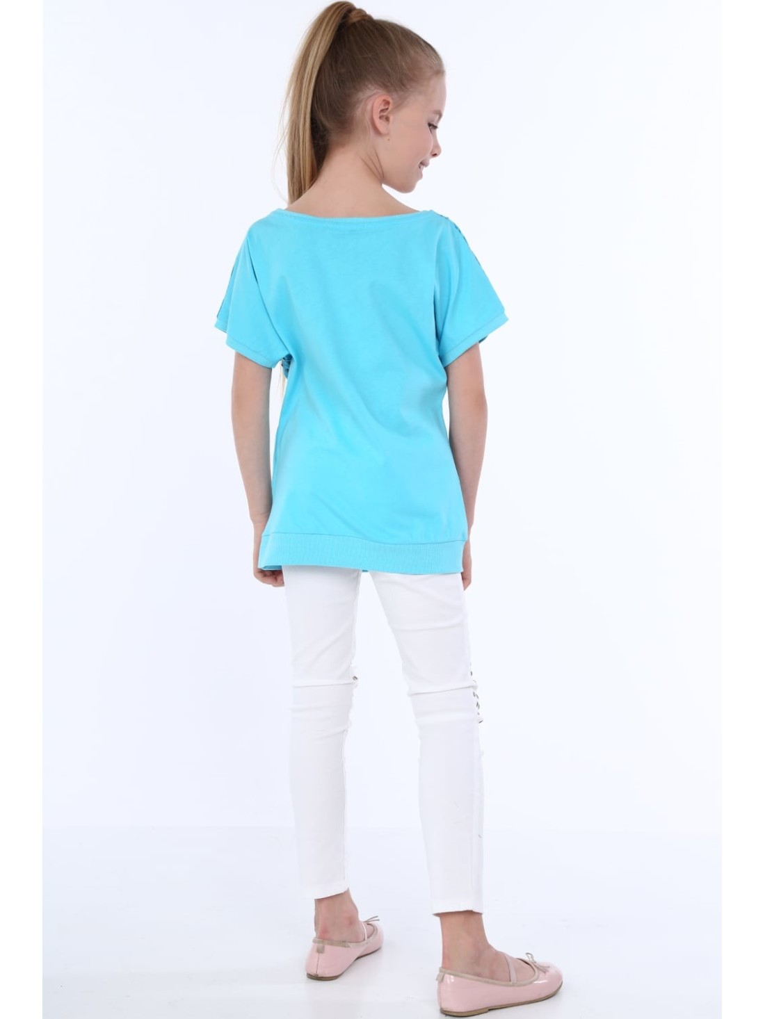 Girls\' blouse with round studs, turquoise NDZ8282 - Online store - Boutique